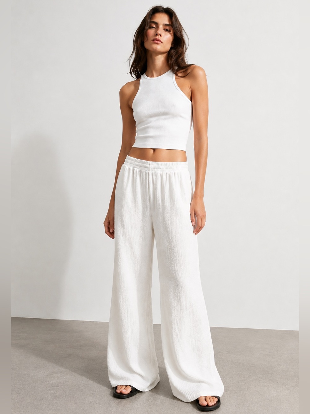 Zara White Textured Wide-Leg Pants – Small